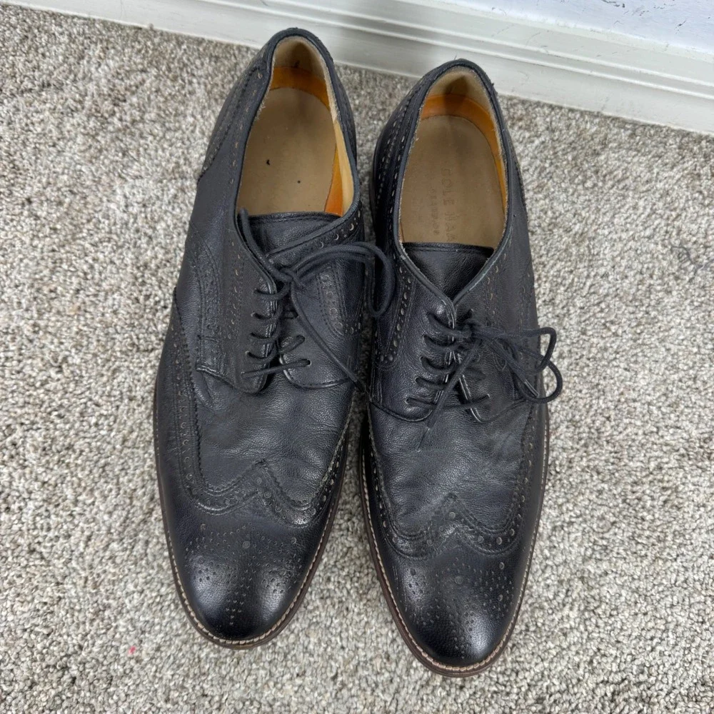 Cole Haan Mens Grand.OS Black Leather Wingtip Oxford Shoes Lace Size 10 M Brogue